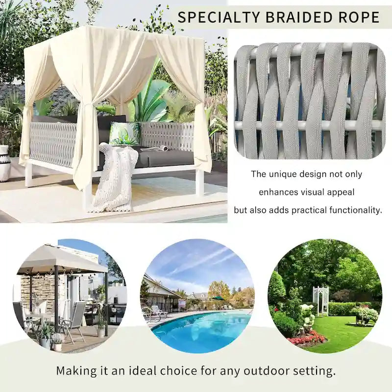 Outdoor Patio Rattan Canopy Daybed Sunbed with Curtain and Woven Rope Arm