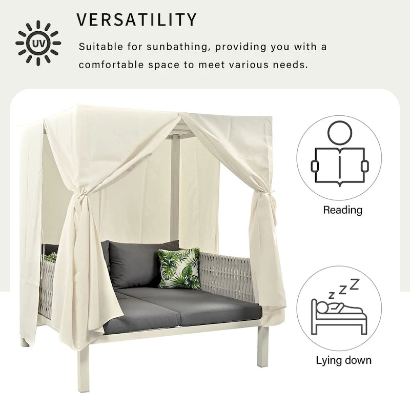 Outdoor Patio Rattan Canopy Daybed Sunbed with Curtain and Woven Rope Arm