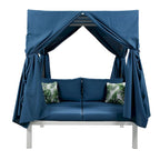 Outdoor Patio Rattan Canopy Daybed Sunbed with Curtain and Woven Rope Arm