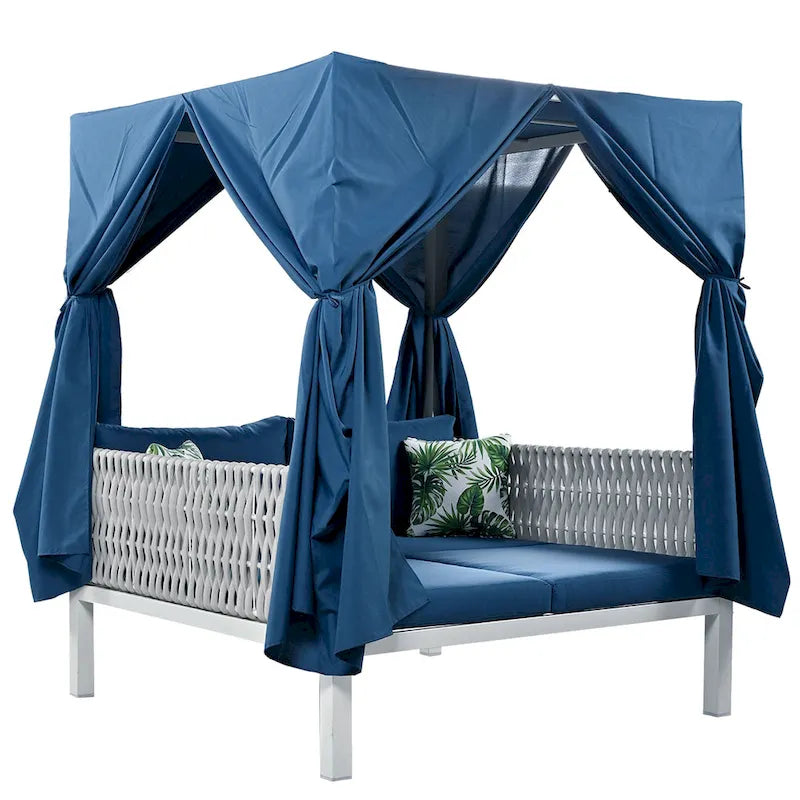 Outdoor Patio Rattan Canopy Daybed Sunbed with Curtain and Woven Rope Arm