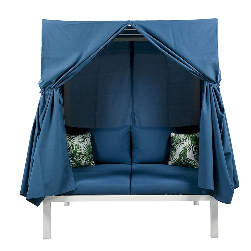 Outdoor Patio Rattan Canopy Daybed Sunbed with Curtain and Woven Rope Arm