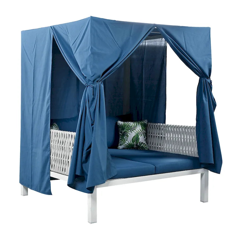 Outdoor Patio Rattan Canopy Daybed Sunbed with Curtain and Woven Rope Arm