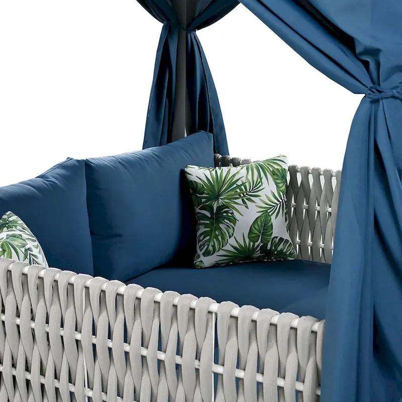 Outdoor Patio Rattan Canopy Daybed Sunbed with Curtain and Woven Rope Arm