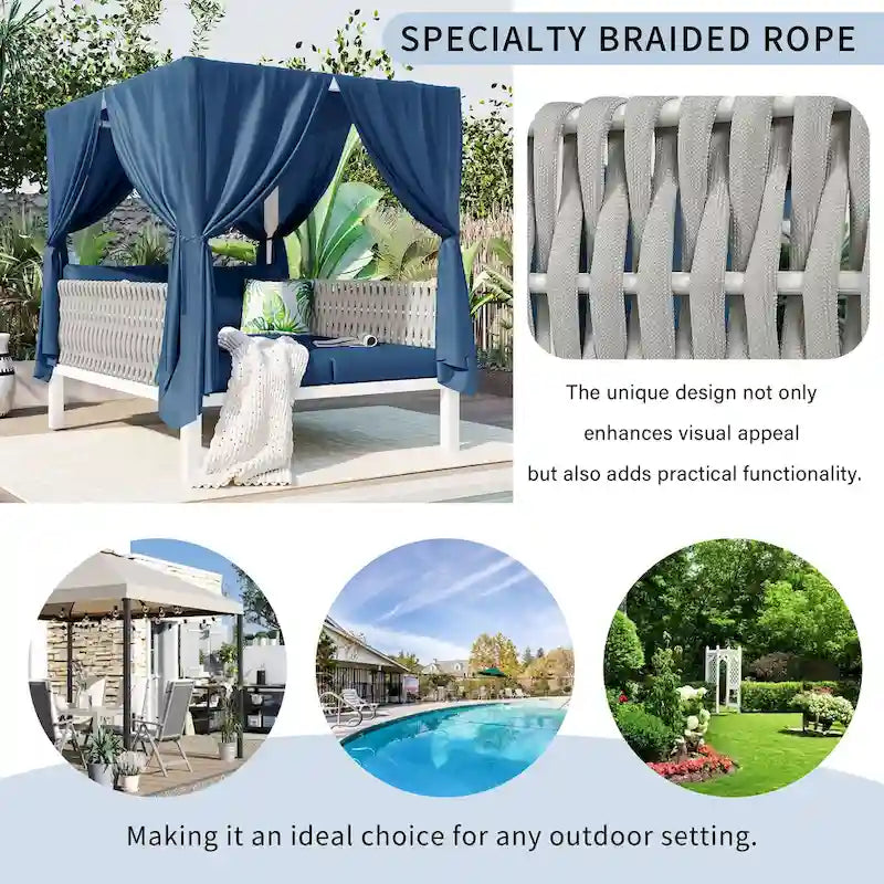 Outdoor Patio Rattan Canopy Daybed Sunbed with Curtain and Woven Rope Arm