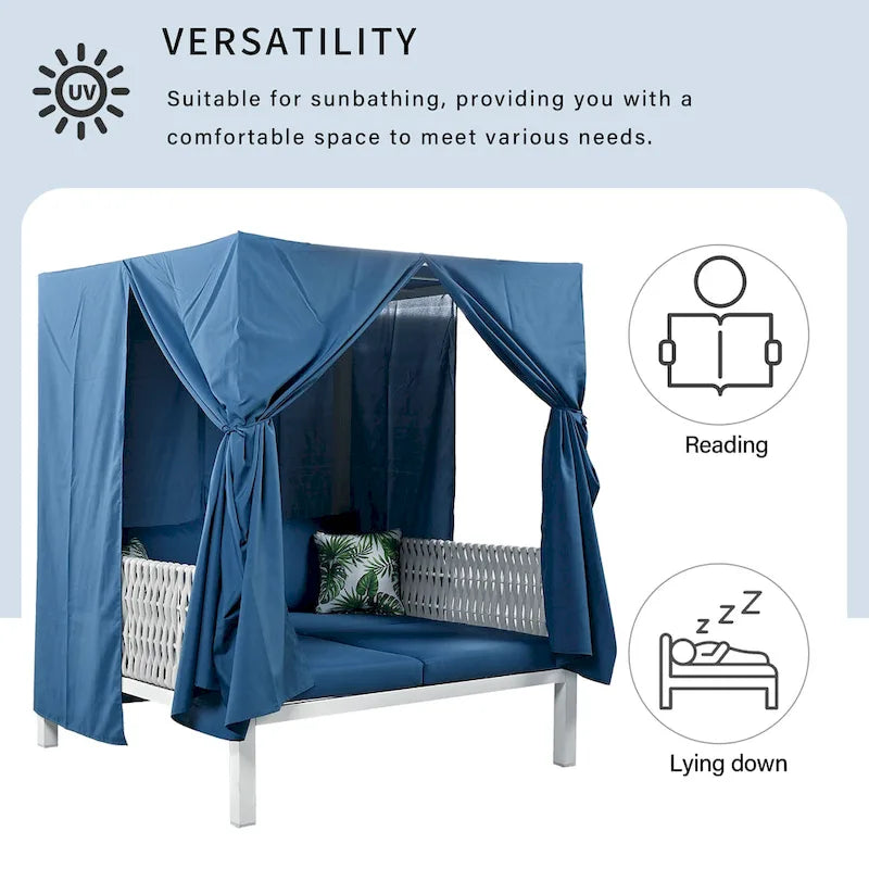 Outdoor Patio Rattan Canopy Daybed Sunbed with Curtain and Woven Rope Arm