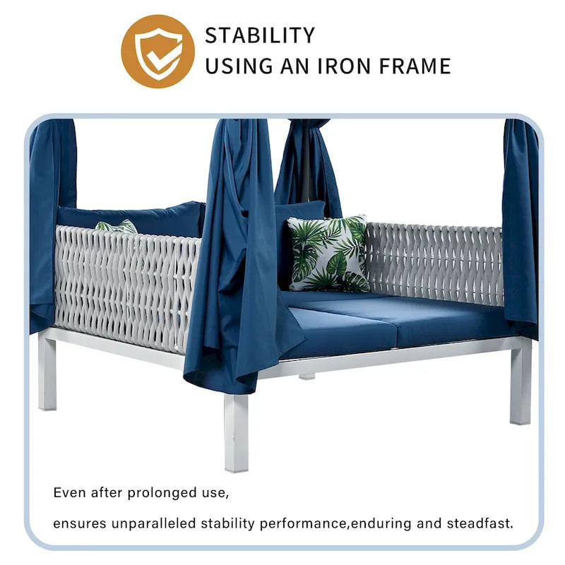 Outdoor Patio Rattan Canopy Daybed Sunbed with Curtain and Woven Rope Arm