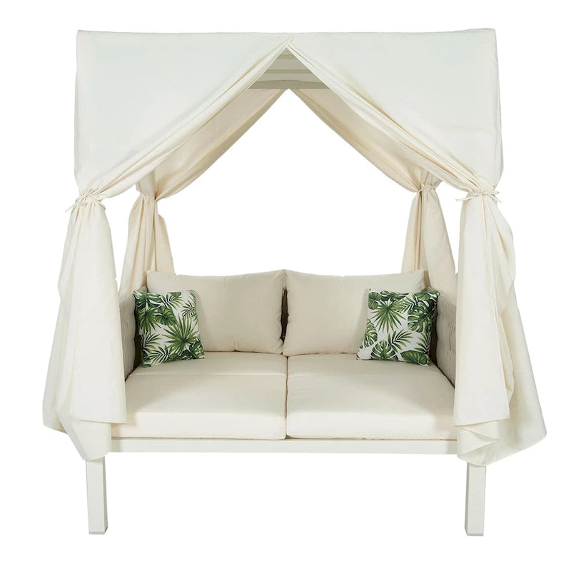 Outdoor Patio Rattan Canopy Daybed Sunbed with Curtain and Woven Rope Arm