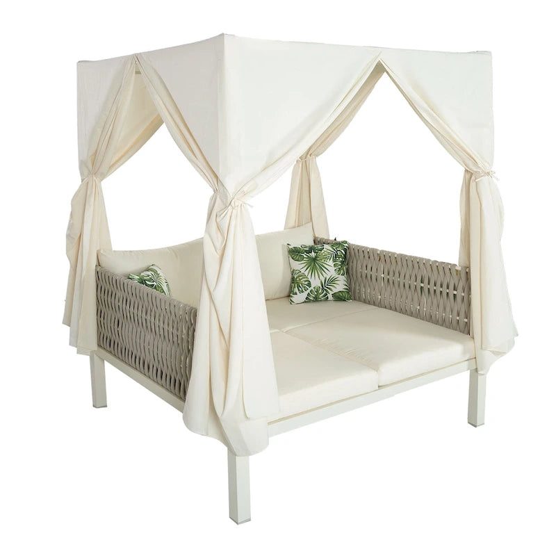 Outdoor Patio Rattan Canopy Daybed Sunbed with Curtain and Woven Rope Arm