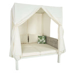 Outdoor Patio Rattan Canopy Daybed Sunbed with Curtain and Woven Rope Arm