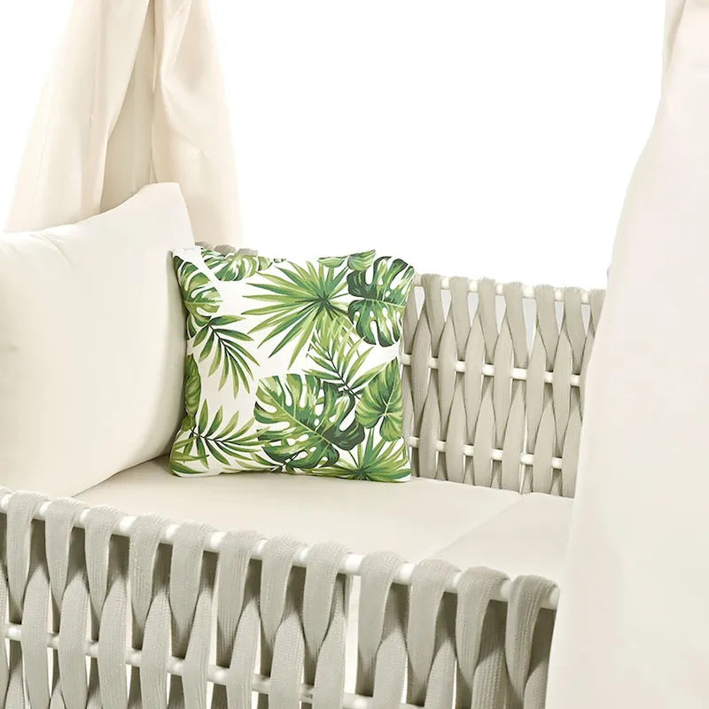 Outdoor Patio Rattan Canopy Daybed Sunbed with Curtain and Woven Rope Arm