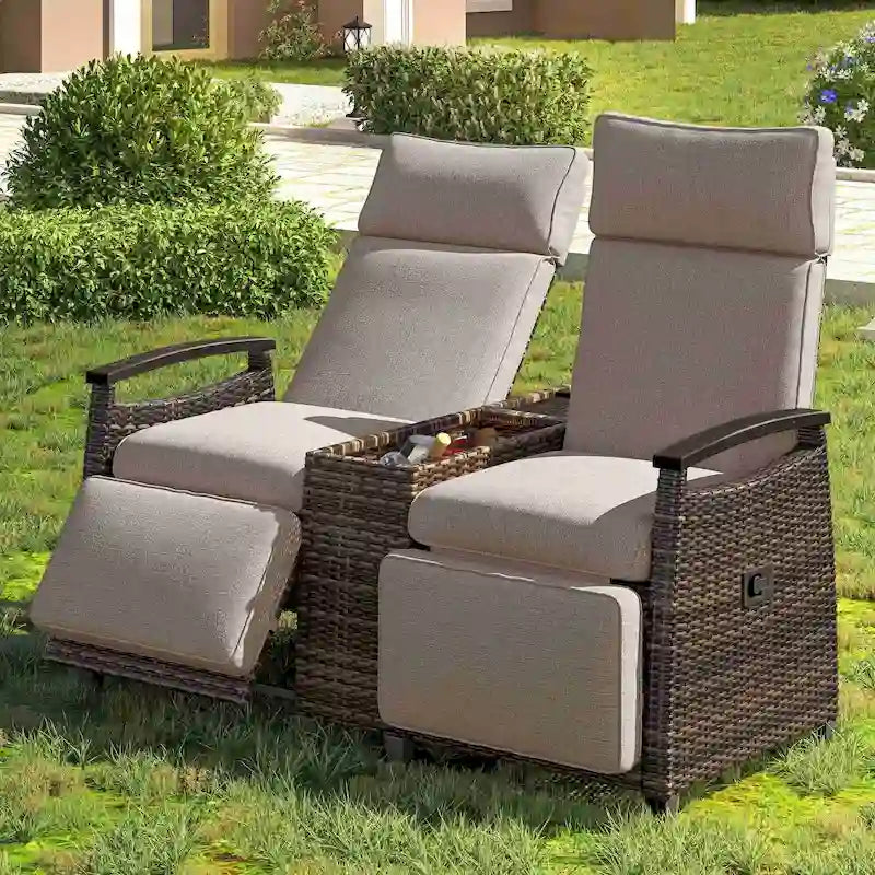 Wicker Patio Recliner Chair Set with Cushions and Storage Table