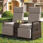 Wicker Patio Recliner Chair Set with Cushions and Storage Table