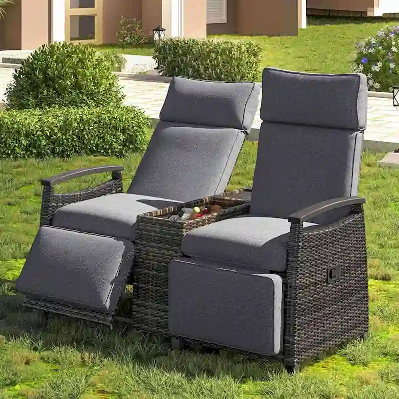 Wicker Patio Recliner Chair Set with Cushions and Storage Table