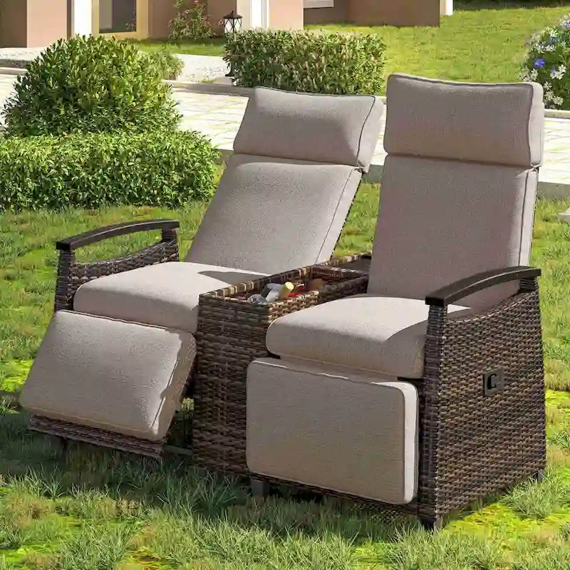 Wicker Patio Recliner Chair Set with Cushions and Storage Table