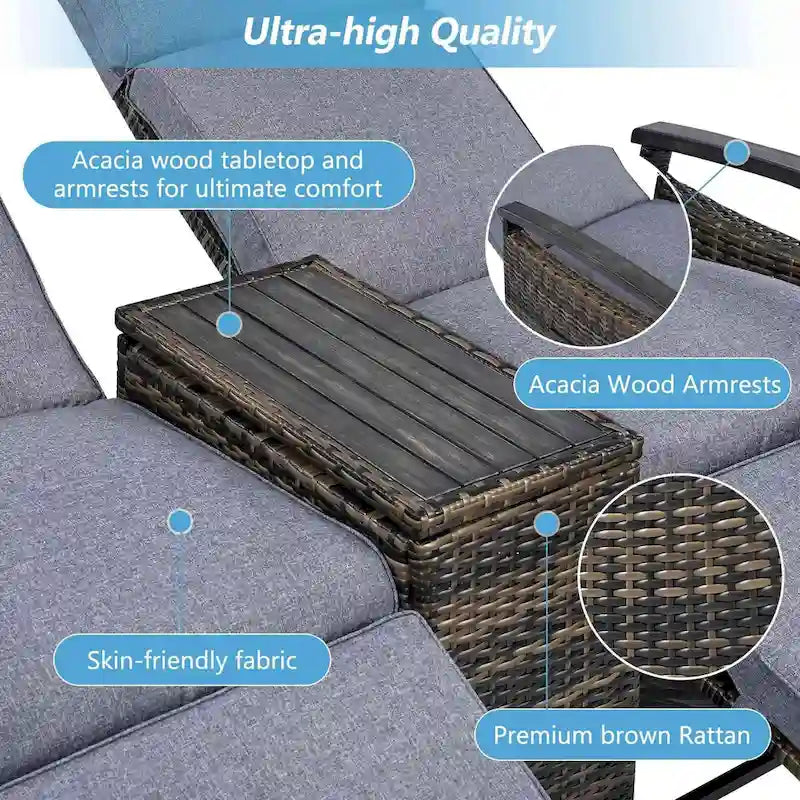 Wicker Patio Recliner Chair Set with Cushions and Storage Table