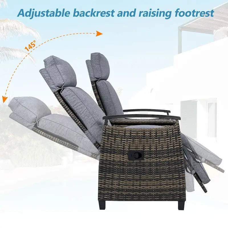 Wicker Patio Recliner Chair Set with Cushions and Storage Table
