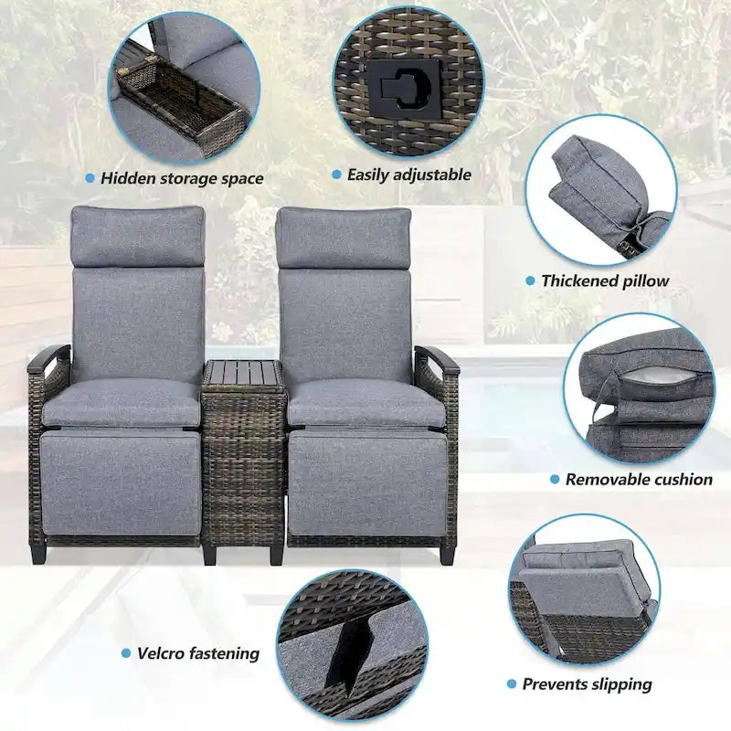 Wicker Patio Recliner Chair Set with Cushions and Storage Table
