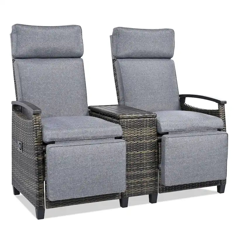 Wicker Patio Recliner Chair Set with Cushions and Storage Table