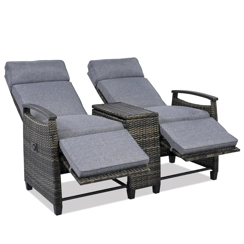 Wicker Patio Recliner Chair Set with Cushions and Storage Table