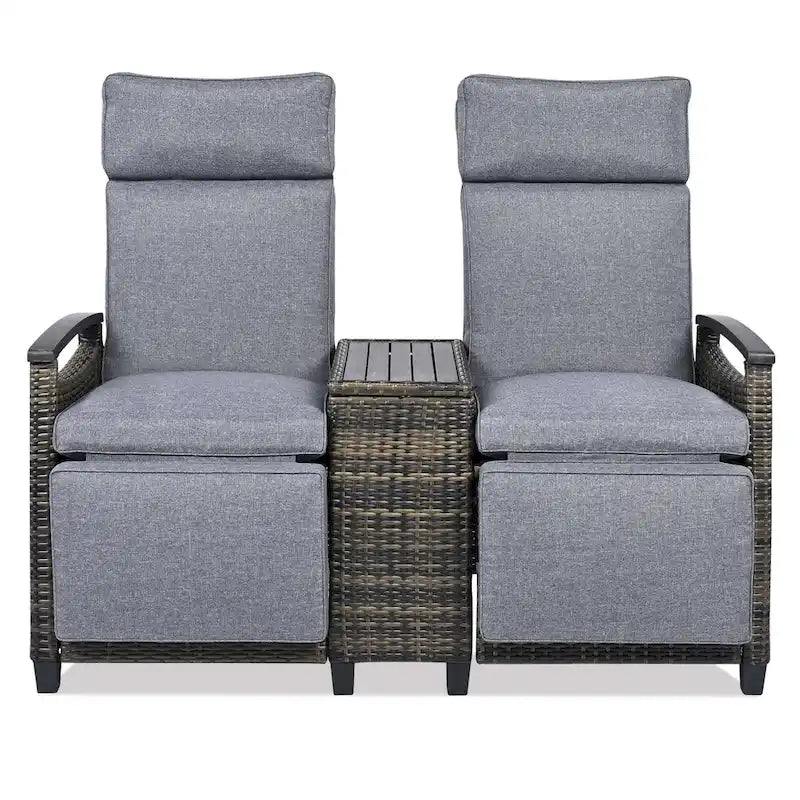 Wicker Patio Recliner Chair Set with Cushions and Storage Table