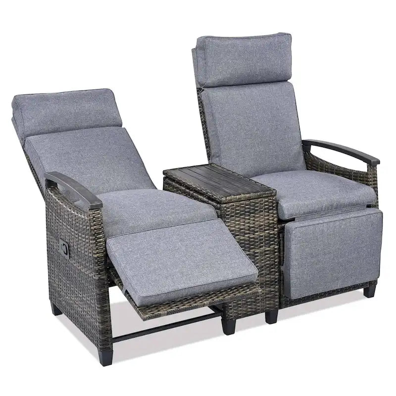 Wicker Patio Recliner Chair Set with Cushions and Storage Table