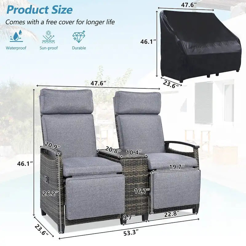 Wicker Patio Recliner Chair Set with Cushions and Storage Table