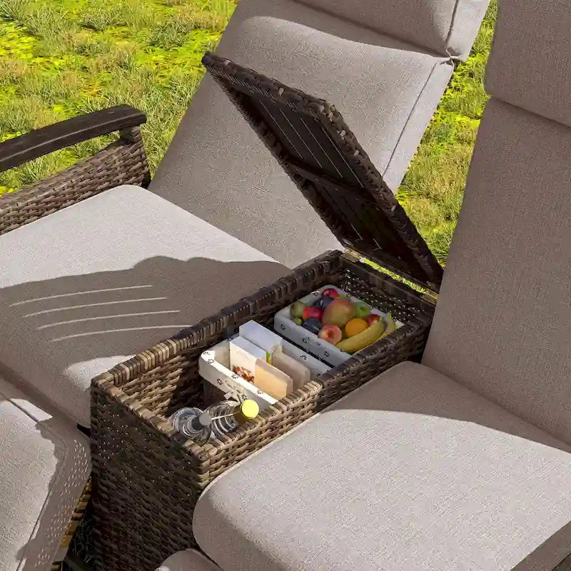 Wicker Patio Recliner Chair Set with Cushions and Storage Table