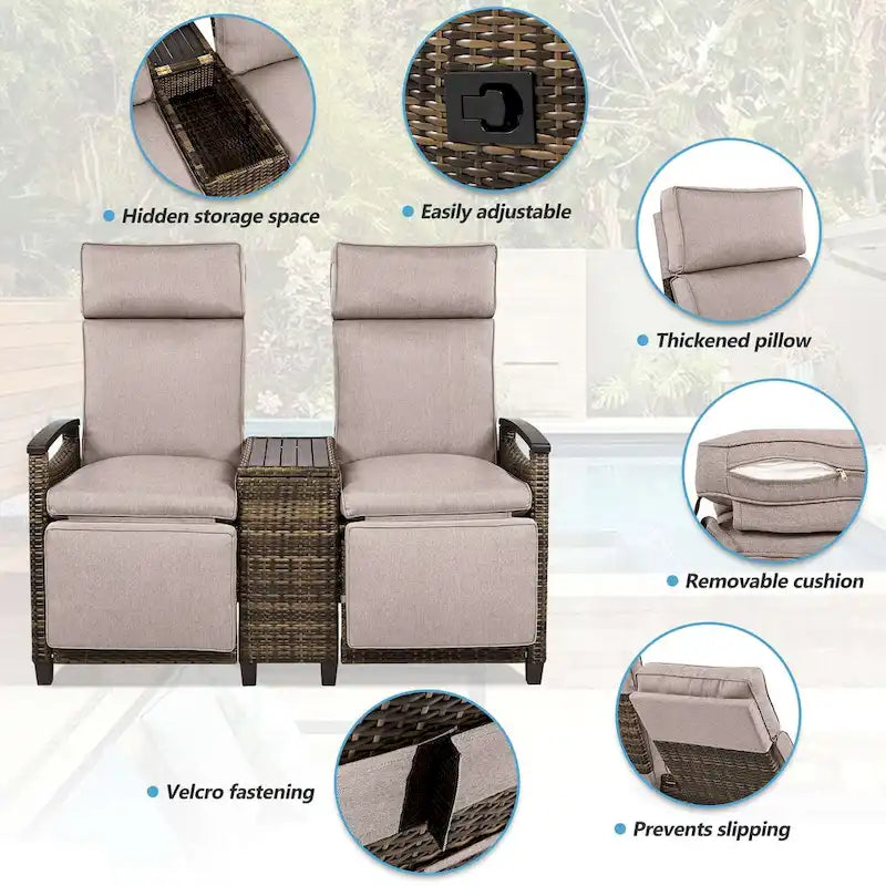Wicker Patio Recliner Chair Set with Cushions and Storage Table