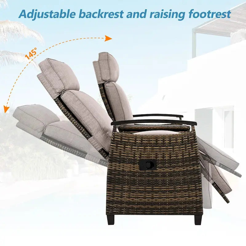 Wicker Patio Recliner Chair Set with Cushions and Storage Table