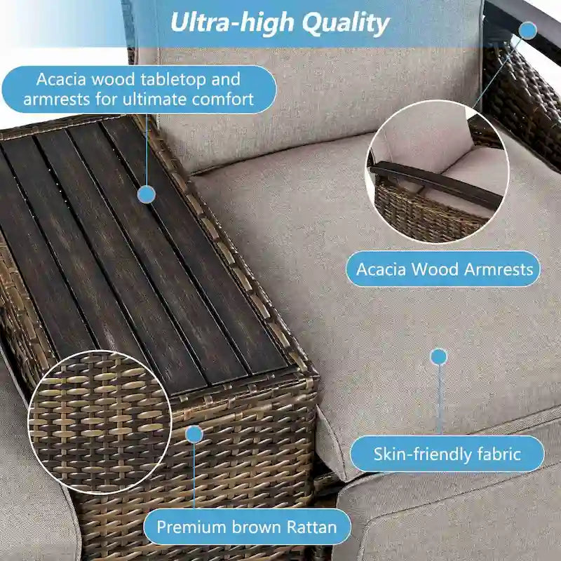 Wicker Patio Recliner Chair Set with Cushions and Storage Table