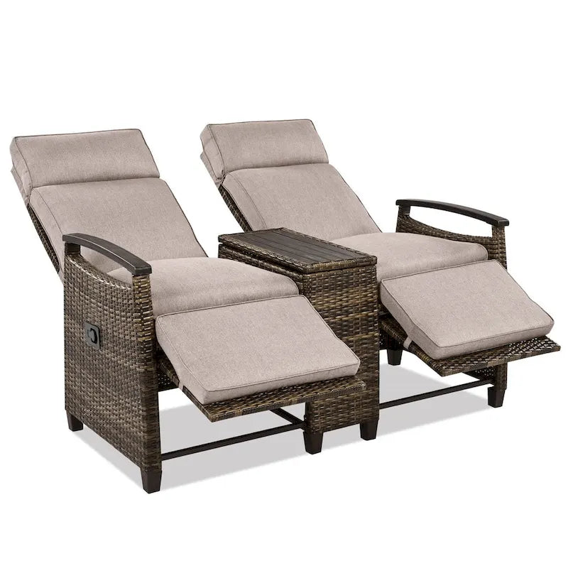 Wicker Patio Recliner Chair Set with Cushions and Storage Table