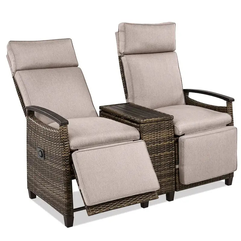 Wicker Patio Recliner Chair Set with Cushions and Storage Table