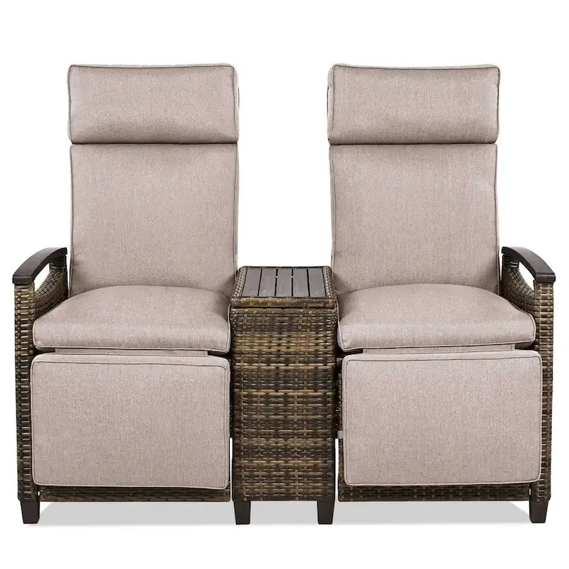 Wicker Patio Recliner Chair Set with Cushions and Storage Table