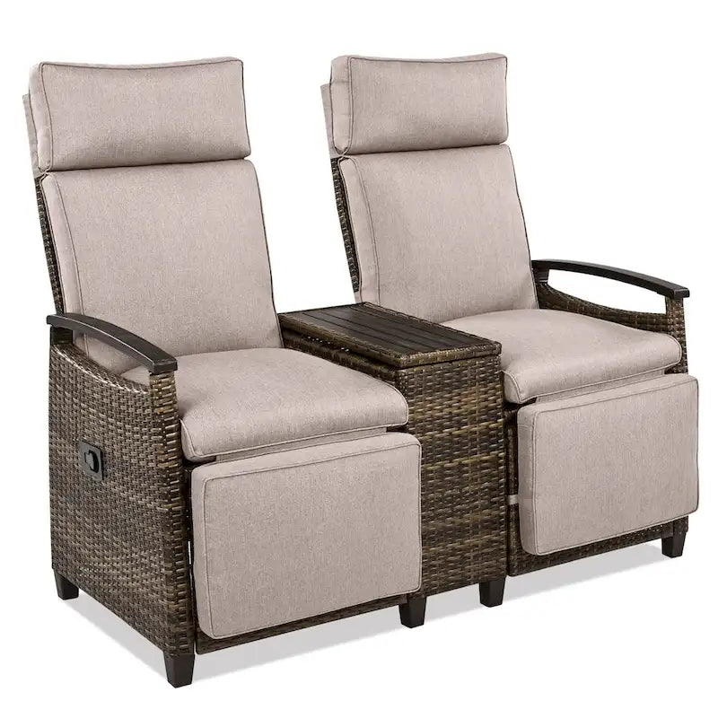 Wicker Patio Recliner Chair Set with Cushions and Storage Table