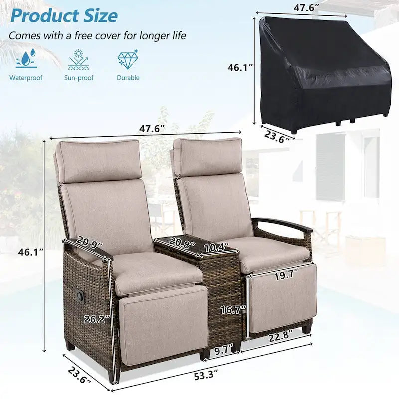 Wicker Patio Recliner Chair Set with Cushions and Storage Table