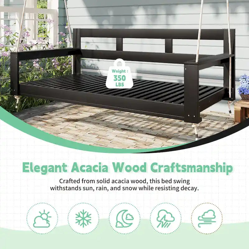 Rustic Elegance Acacia Wood Swing Bed, Farmhouse Daybed with 4 Stylish Colors & 350lb Capacity