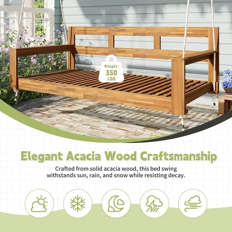 Rustic Elegance Acacia Wood Swing Bed, Farmhouse Daybed with 4 Stylish Colors & 350lb Capacity
