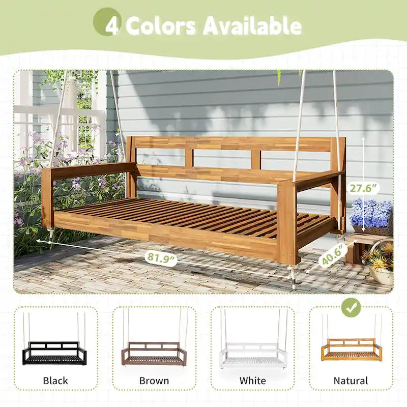 Rustic Elegance Acacia Wood Swing Bed, Farmhouse Daybed with 4 Stylish Colors & 350lb Capacity