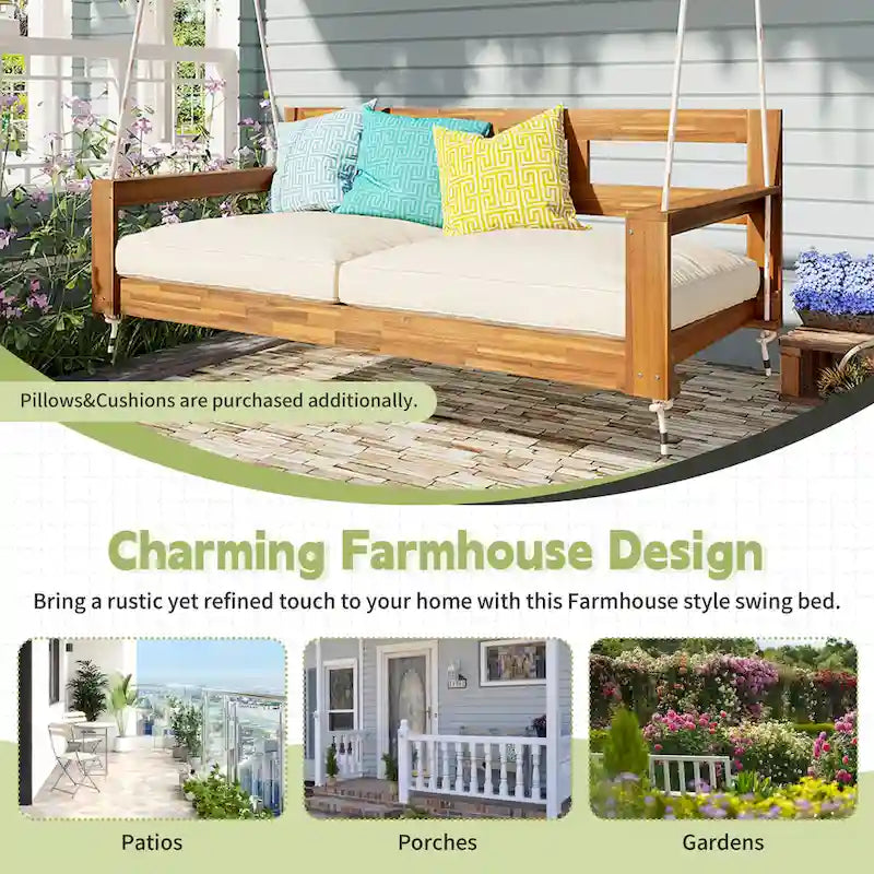 Rustic Elegance Acacia Wood Swing Bed, Farmhouse Daybed with 4 Stylish Colors & 350lb Capacity