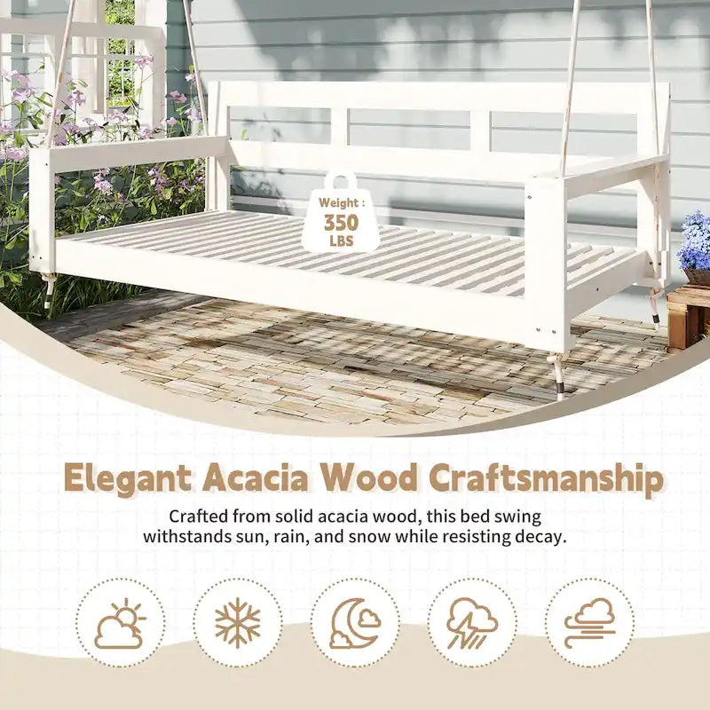 Rustic Elegance Acacia Wood Swing Bed, Farmhouse Daybed with 4 Stylish Colors & 350lb Capacity