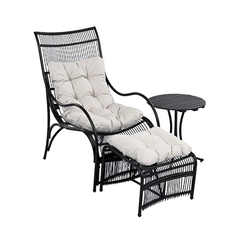 3 Pieces Wicker Outdoor Patio Furniture Set with Lounge Chair, Balcony Chairs Table Set with Cushions, Ottoman