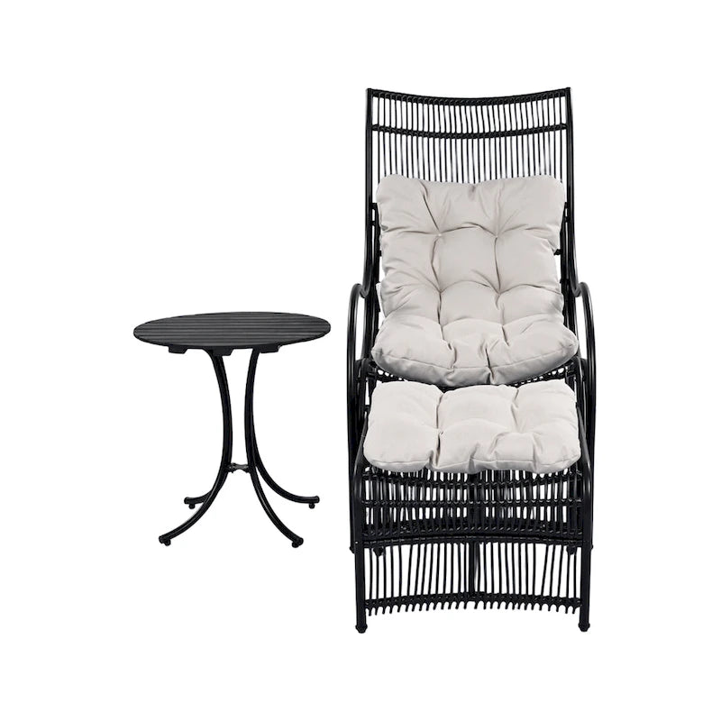 3 Pieces Wicker Outdoor Patio Furniture Set with Lounge Chair, Balcony Chairs Table Set with Cushions, Ottoman