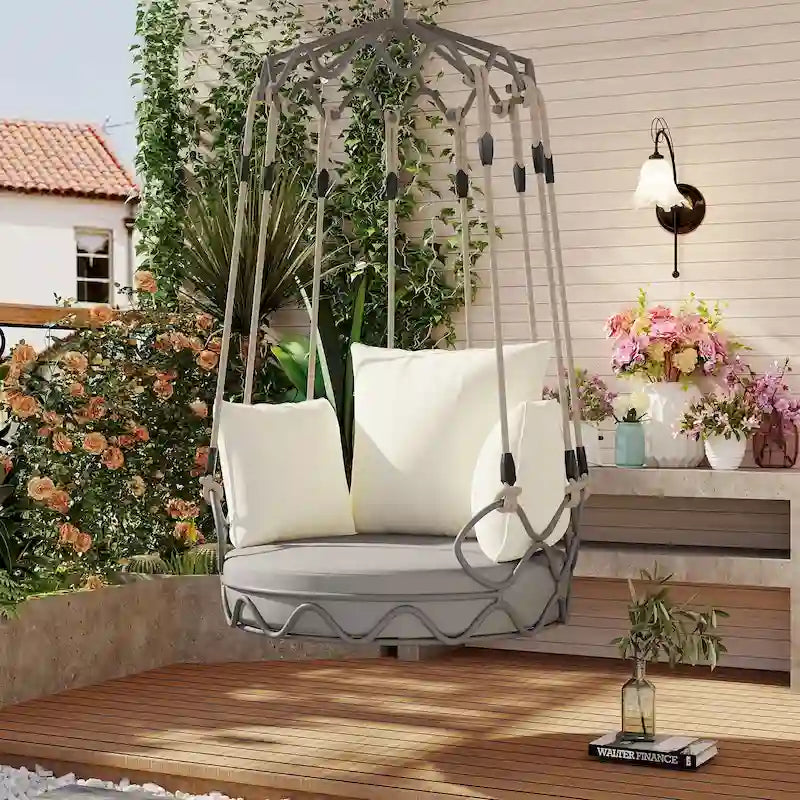 34W Outdoor Porch Swing Chair Hanging Basket with UV Resistant Cushion, Olefin Fabric - N/A