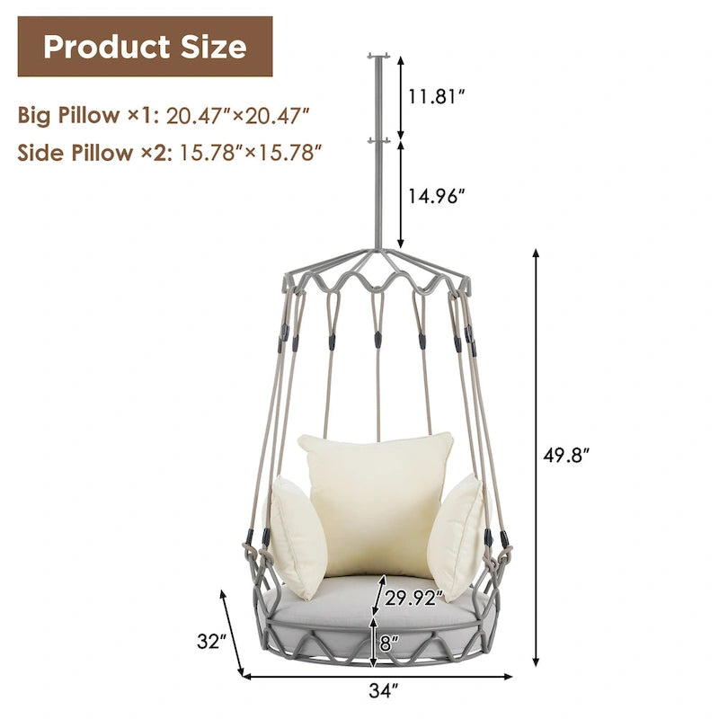 34W Outdoor Porch Swing Chair Hanging Basket with UV Resistant Cushion, Olefin Fabric - N/A