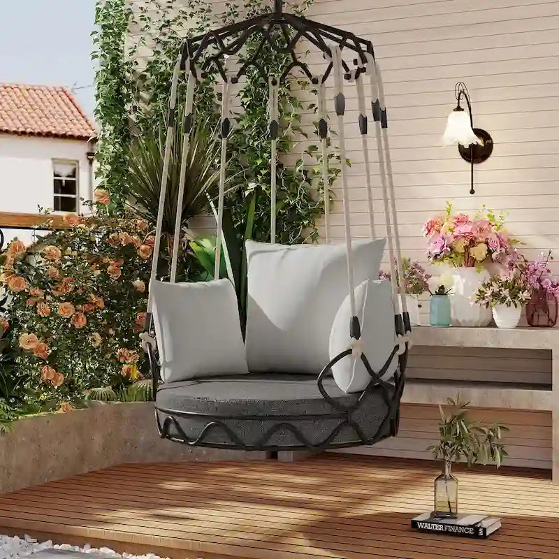 34W Outdoor Porch Swing Chair Hanging Basket with UV Resistant Cushion, Olefin Fabric - N/A