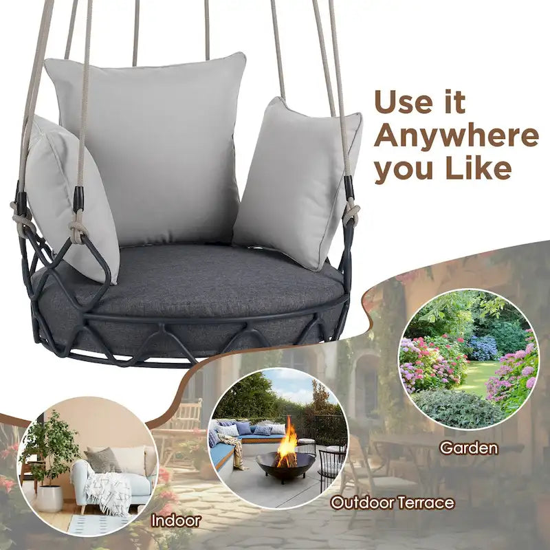 34W Outdoor Porch Swing Chair Hanging Basket with UV Resistant Cushion, Olefin Fabric - N/A