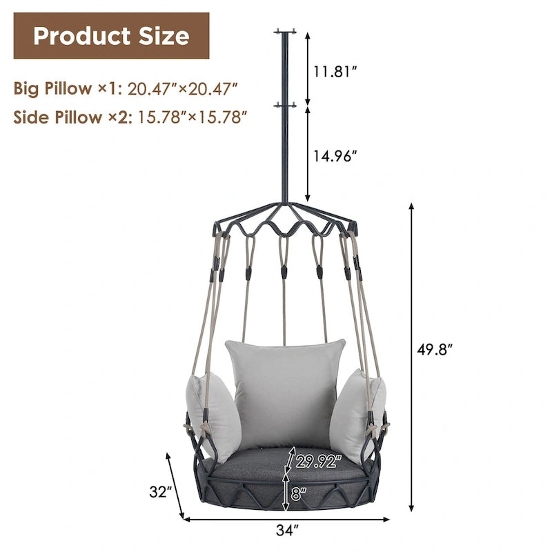 34W Outdoor Porch Swing Chair Hanging Basket with UV Resistant Cushion, Olefin Fabric - N/A