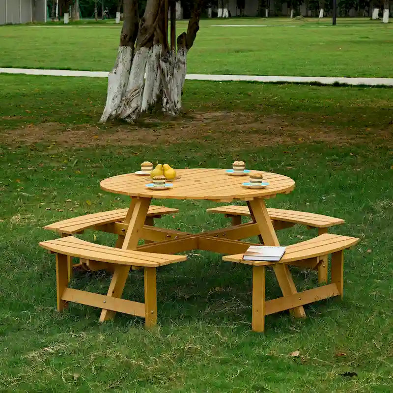 8-Person Outdoor Round Picnic Table Set with 4 Built-in Benches & Umbrella Hole