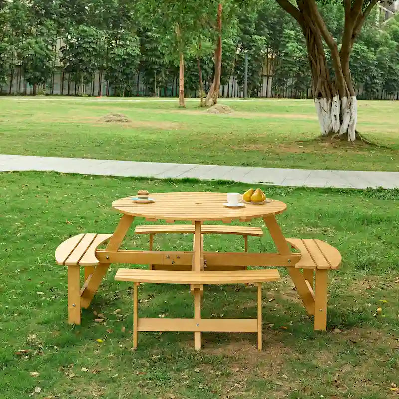 8-Person Outdoor Round Picnic Table Set with 4 Built-in Benches & Umbrella Hole