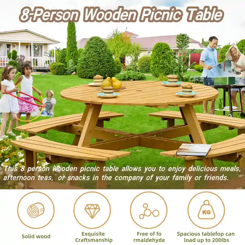 8-Person Outdoor Round Picnic Table Set with 4 Built-in Benches & Umbrella Hole